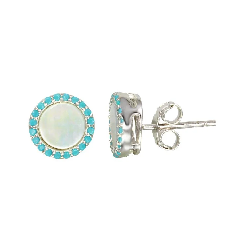 colorful earrings for women -Rhodium Plated 925 Sterling Silver Round Opal Stud Earrings with Blue CZ Stones - STE01125BLU