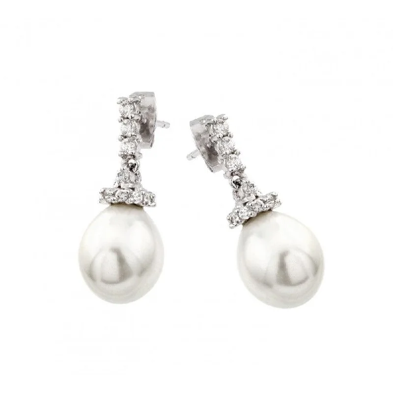 elegant gold earrings for women -Silver 925 Rhodium Plated CZ Hanging Pearl Stud Earrings - BGE00423