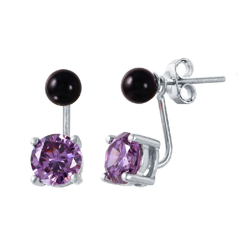 elegant earrings for women -Rhodium Plated 925 Sterling Silver Birthstone Black Synthetic Pearl Purple CZ Front and Back  Earrings - STE00999FEB