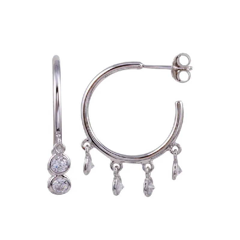 sparkling earrings for women -Rhodium Plated 925 Sterling Silver Semi Hoop CZ Circular Earrings - BGE00635