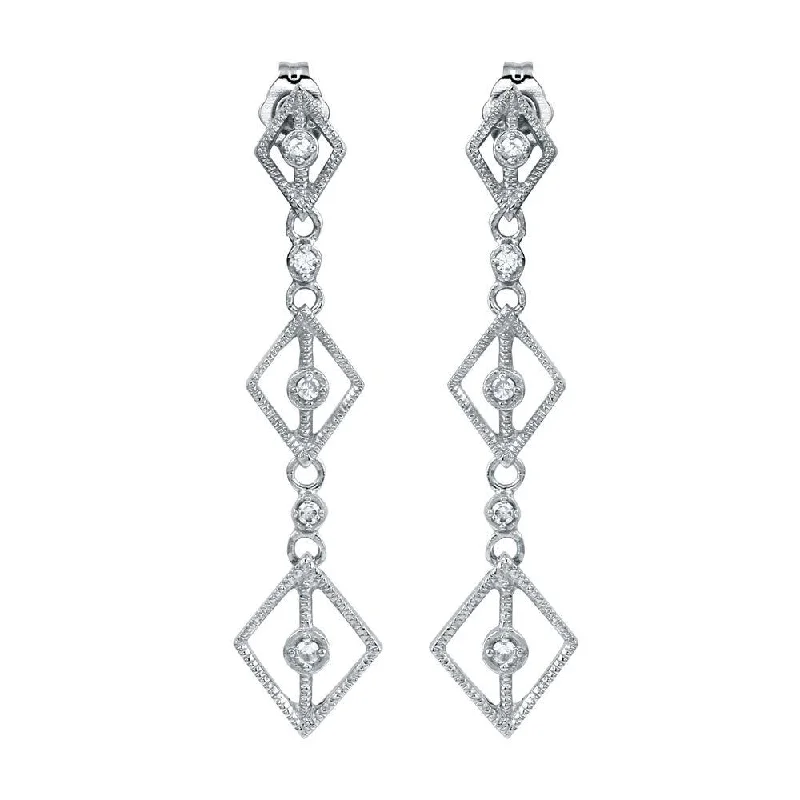 gemstone stud earrings for women -Rhodium Plated 925 Sterling Silver Dangling Linked Rhombus Earrings with CZ - ACE00009