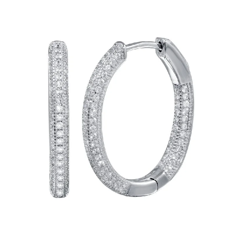 elegant gold earrings for women -Rhodium Plated 925 Sterling Silver Inside Out CZ Oval Hoop Vault Lock Earring - STE01240