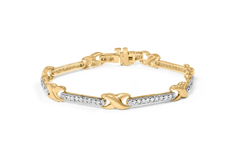 10K Yellow Gold 1.00 Cttw Pave Set Diamond Bar and  X-Link 7" Bracelet