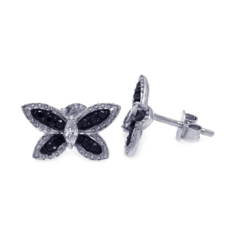 unique pearl earrings for women -Silver 925 Black and Silver Rhodium Plated Black Butterfly CZ Stud Earrings - STE00697