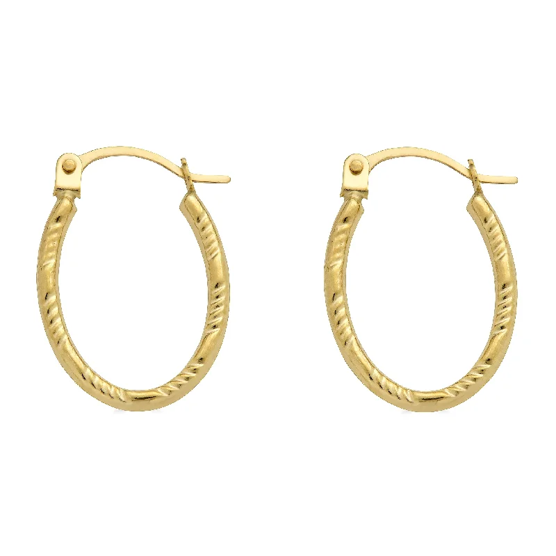 glamorous earrings for women -14E00385. - 14 Karat Yellow Gold Diamond Cut Textured Oval Hoop Latch Lock Earrings