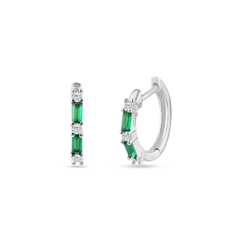 matching earrings for women -Sterling Silver Rhodium Plated Green CZ Huggie Hoop Earring 13.2mm - STE01331-GREEN