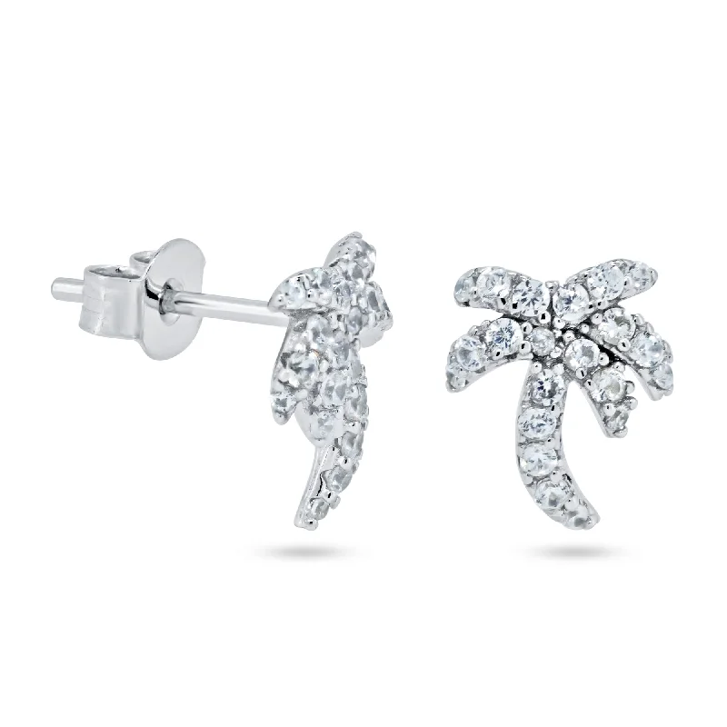 minimalistic earrings for women -Rhodium Plated 925 Sterling Silver Palm Tree CZ Stud Earrings - STE01362