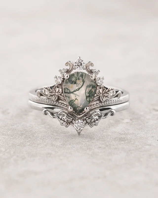 custom gold engagement rings -Natural moss agate bridal ring set, alternative engagement ring set / Ariadne