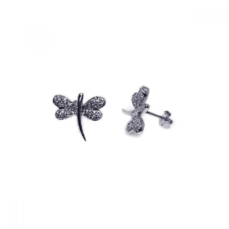 silver hoop earrings for women -Silver 925 Rhodium Plated CZ Dragonfly Stud Earrings - STE00049