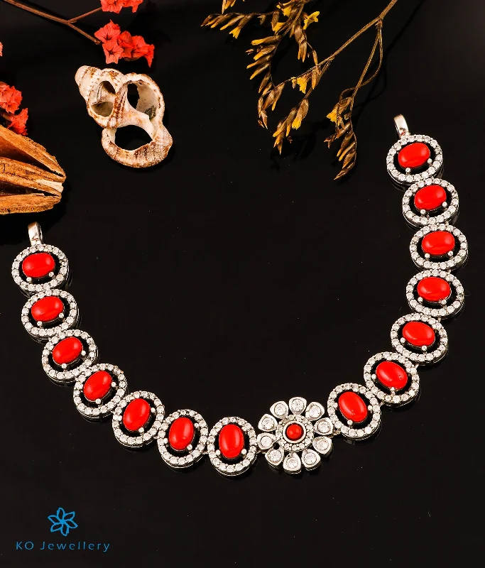 stylish modern necklaces for women -The Victorian Silver Choker Necklace & Earrings (Bright Silver/Coral)