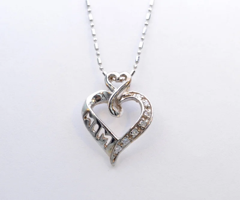 designer choker necklaces for women -14K White Gold Diamond Heart-shaped Pendant for "Mom"