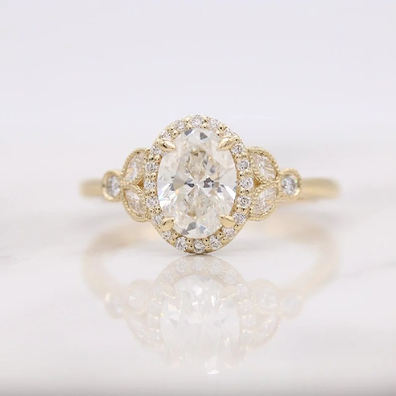 antique engagement rings -1.0ct Oval Cut Halo Moissanite Diamond Engagement Ring