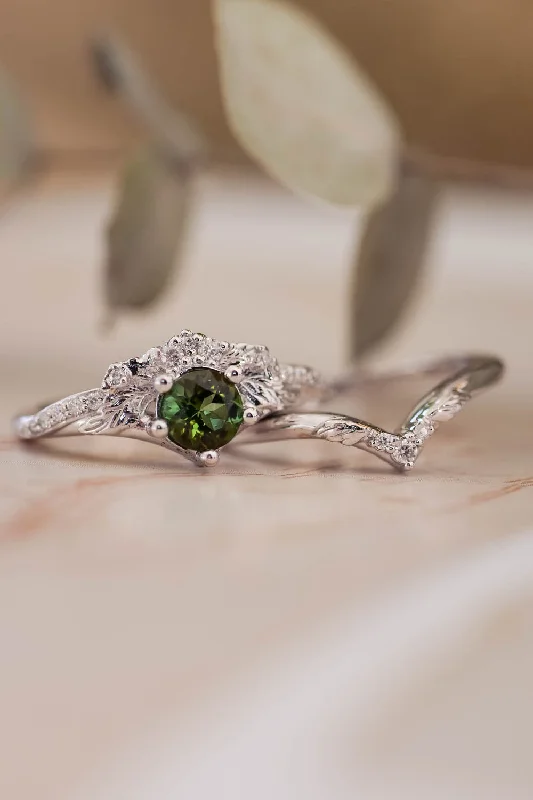 colorful gemstone engagement rings -Engagement & wedding ring set with green tourmaline / Amelia