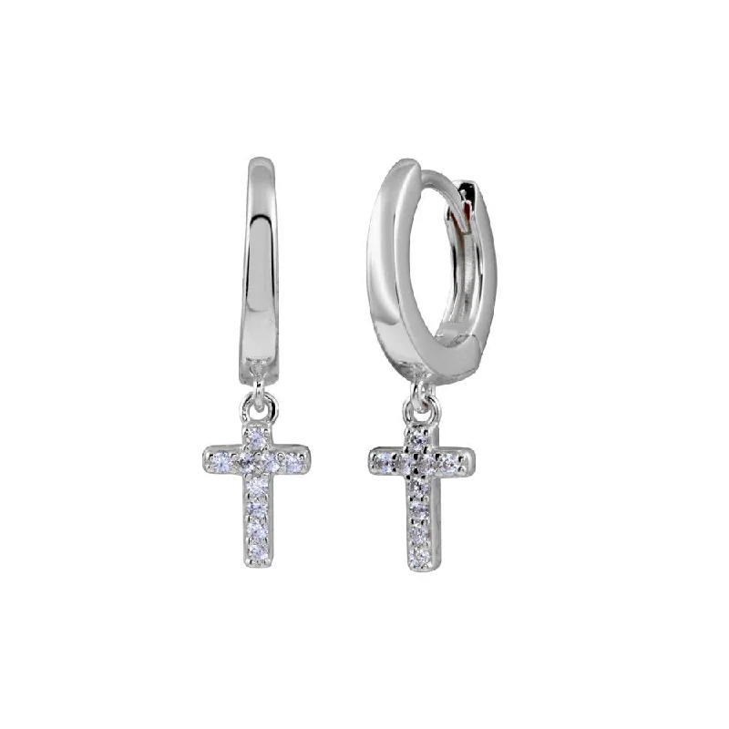 handmade gemstone earrings -Rhodium Plated 925 Sterling Silver CZ huggie hoop Cross Earring - STE01279RH