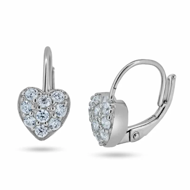 silver earrings for women -Silver 925 Rhodium Plated Heart CZ Hoop Earrings - STE00624