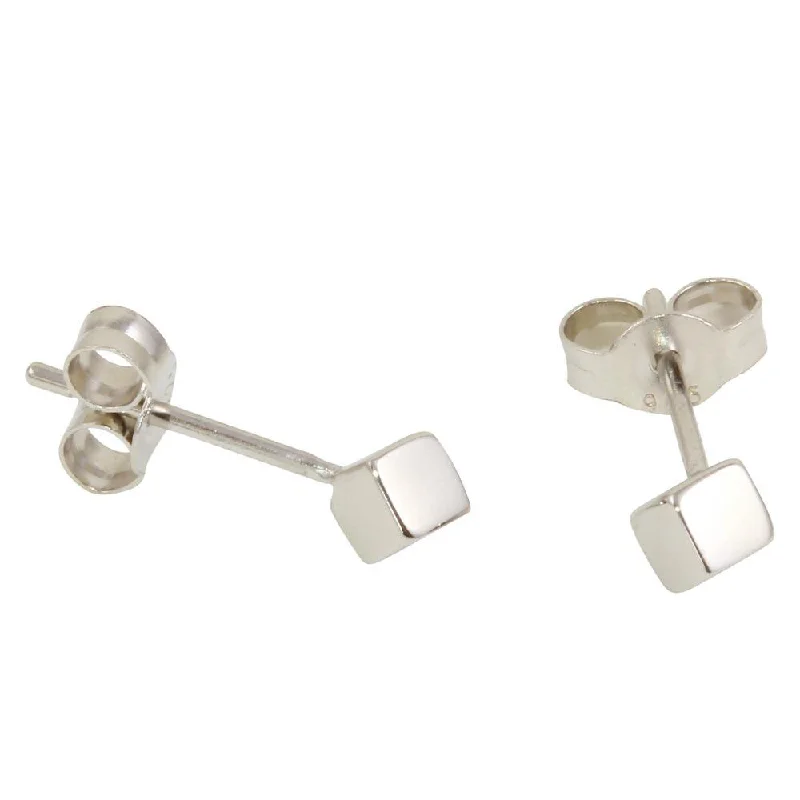 vintage-inspired earrings for women -Rhodium Plated 925 Sterling Silver Cube Stud Earrings - STE01100