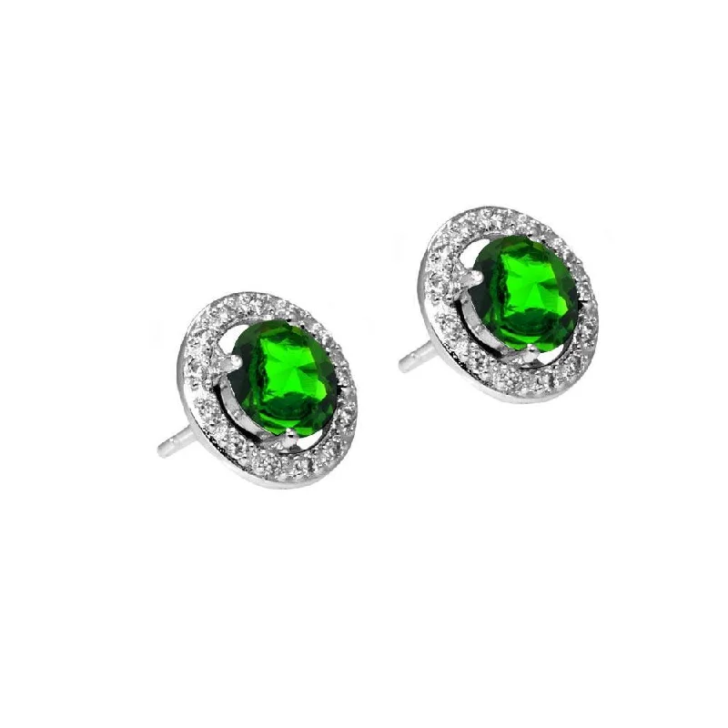 gold stud earrings for women -Silver 925 Rhodium Plated Green and Clear Round Pave CZ Stud Earrings - BGE00334