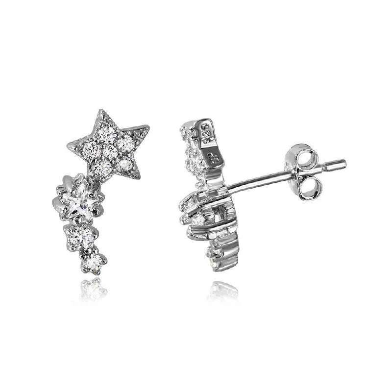 women’s earrings -Silver 925 Rhodium Plated Climbing Star CZ Stud Earrings - STE01056