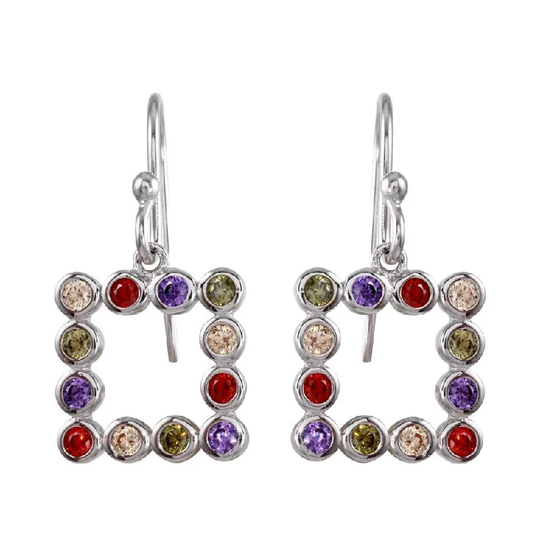 bold earrings for women -Rhodium Plated 925 Sterling Silver Multi-Colored CZ Open Square Earrings - STE01139