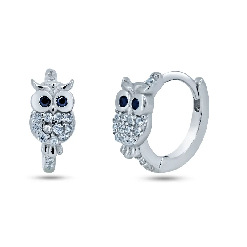 chic earrings for women -Sterling Silver Rhodium Plated Pave Huggie Owl Hoop Earrings - STE01366