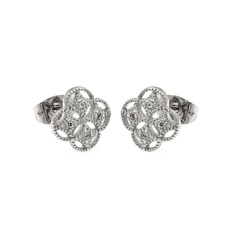 custom earrings for women -Silver 925 Rhodium Plated Clover CZ Stud Earrings - BGE00250