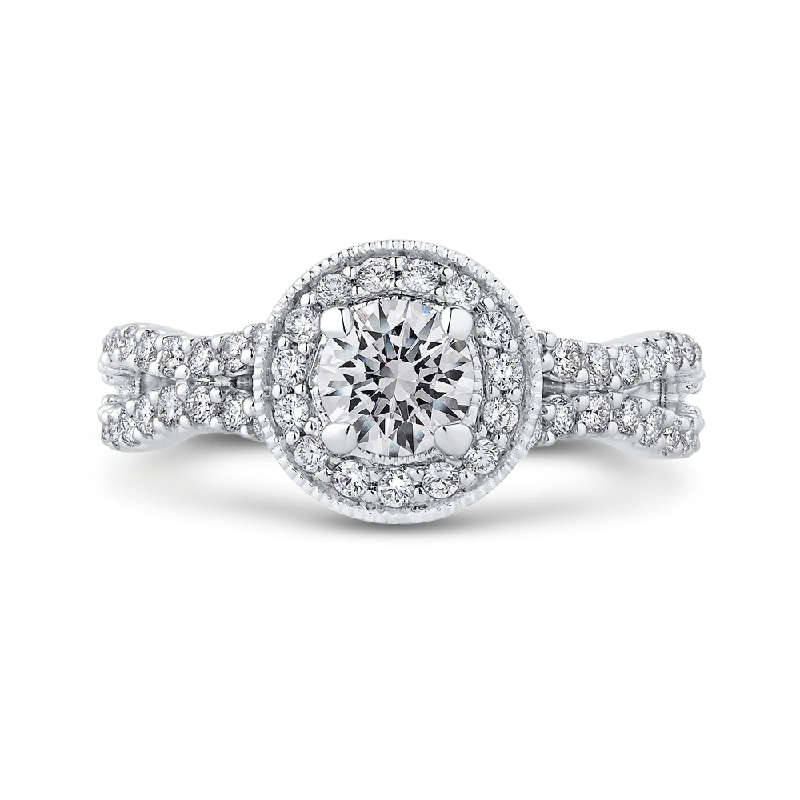 cubic zirconia engagement rings -Round Diamond Halo Engagement Ring with Split Shank In 14K White Gold