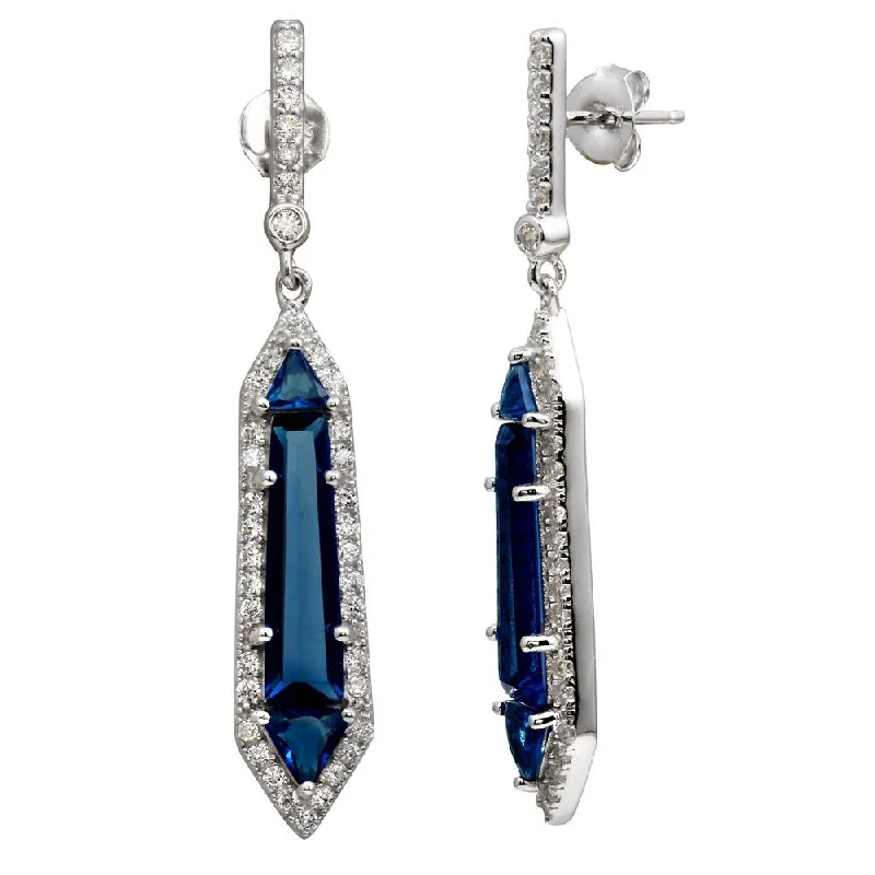 butterfly earrings for women -Rhodium Plated 925 Sterling Silver Dangling Blue and Clear CZ Earrings - BGE00578BLU