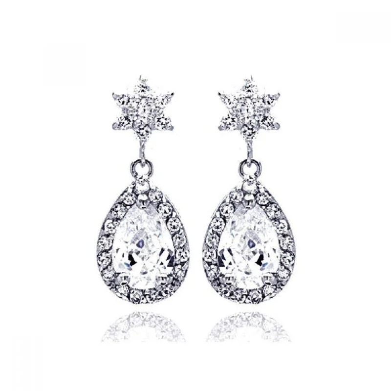 simple earrings for women -Silver 925 Rhodium Plated Star Teardrop Center Clear CZ Inlay Outline Dangling Stud Earrings - BGE00186