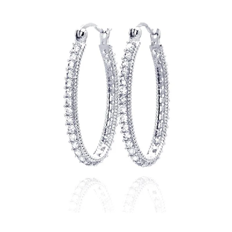 elegant pearl earrings for women -Silver 925 Rhodium Plated Round CZ Hoop Earrings - STE00452