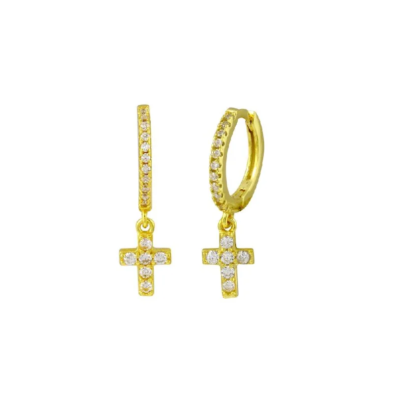 wedding earrings for women -Gold Plated 925 Sterling Silver Dangling Cross CZ huggie hoop Earring - STE01211GP