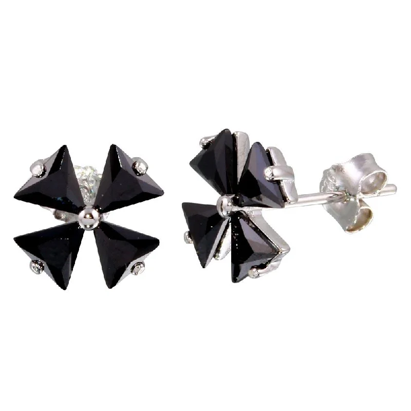 chic earrings for women -Rhodium Plated 925 Sterling Silver Black X CZ Earrings - STE01092