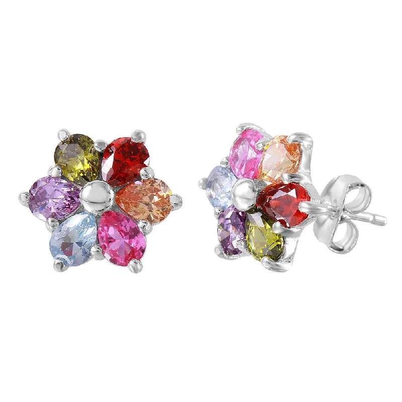 women’s bridal earrings -Silver 925 Multi Color CZ Flower Stud Earrings - BGE00465