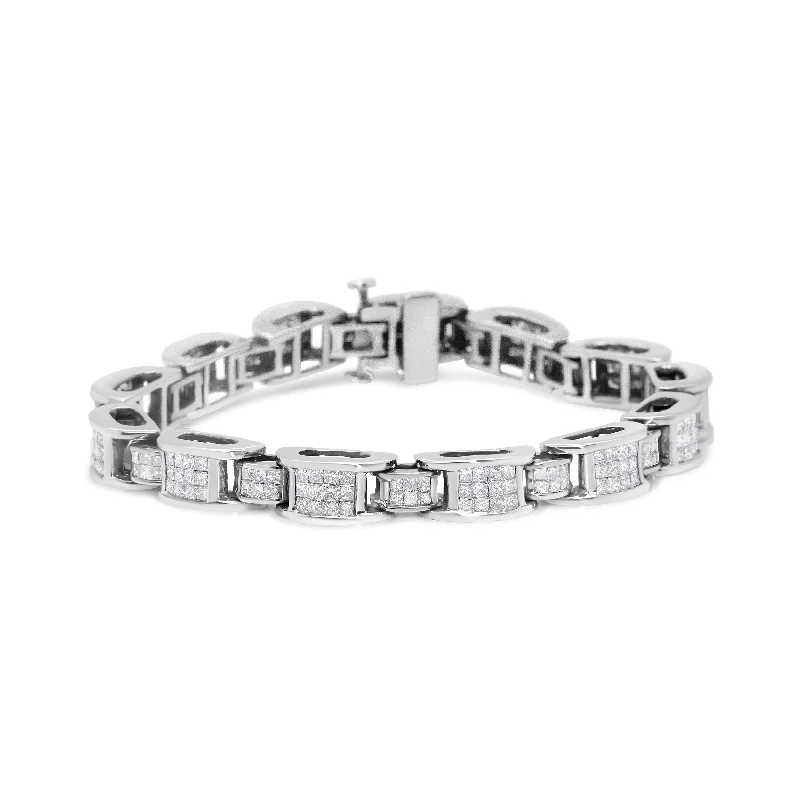 14K White Gold 5.0 Cttw Princess Cut Diamond Invisible Set Alternating Size D Shaped Links Tennis Bracelet