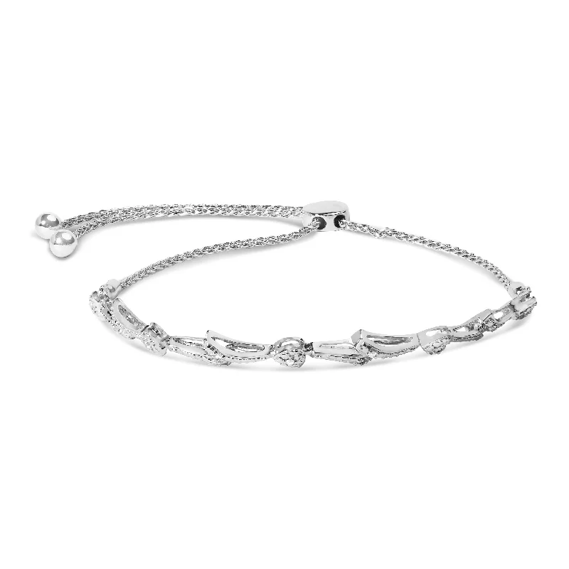 .925 Sterling Silver Diamond Accent Heart and Wave Link Bolo Bracelet