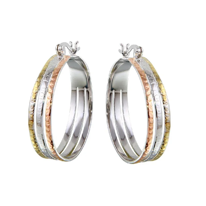 heart-shaped earrings for women -Three-Tone 925 Sterling Silver 3 Hoop Earrings - STE00446