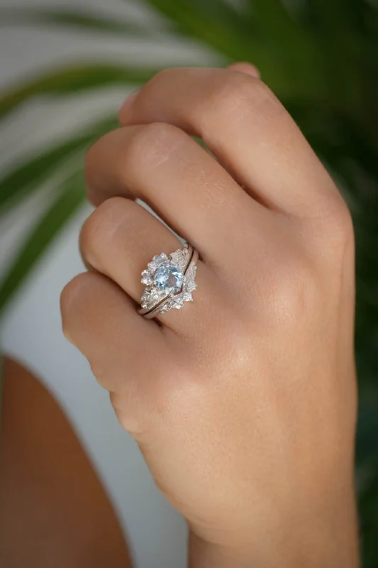 affordable engagement rings -1 carat aquamarine engagement ring set, tiara shape gold ring with diamonds / Ariadne