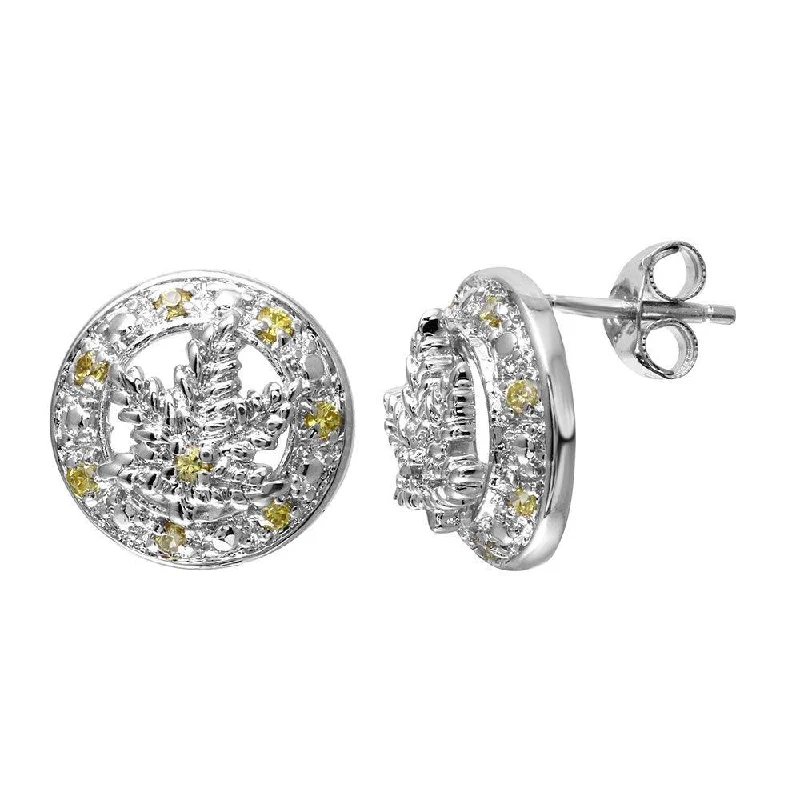 intricate design earrings for women -Final Price-Rhodium Plated 925 Sterling Silver Yellow CZ Marijuana Leaf Stud Earrings - STEM066YLW