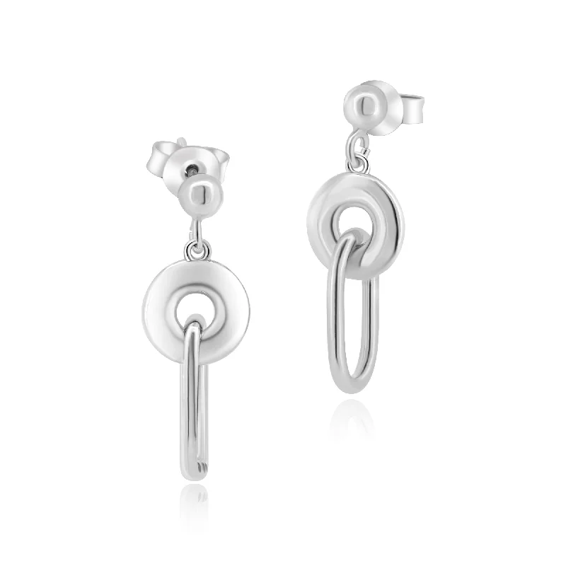 trendy earrings for women -Rhodium Plated 925 Sterling Silver Dangling Donut Paperclip Stud Earrings - ITE00095-RH