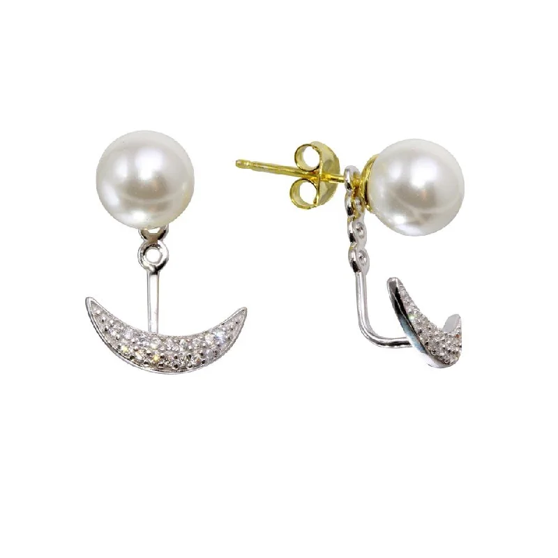 gold earrings for women -Rhodium Plated 925 Sterling Silver Synthetic Pearl and Crescent Front and Back Earrings with CZ - BGE00575