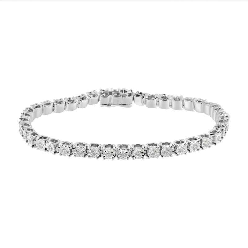 .925 Sterling Silver Miracle-Set Diamond Round Miracle Plate Tennis Bracelet