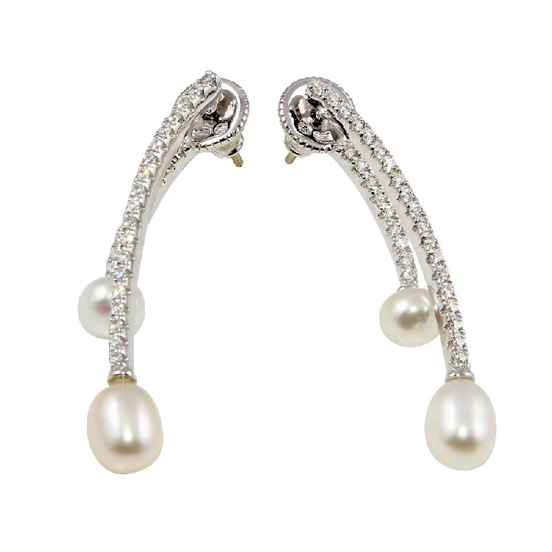 sparkling drop earrings for women -Rhodium Plated 925 Sterling Silver Freshwater Pearl Drop Earrings with CZ - BGE00558