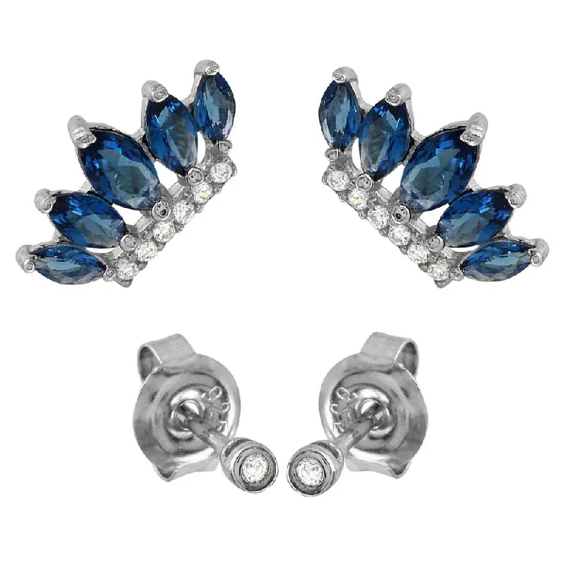 women’s crystal stud earrings -Rhodium Plated 925 Sterling Silver 2 CZ Studs and 2 Blue Crown Earrings - GME00085RH