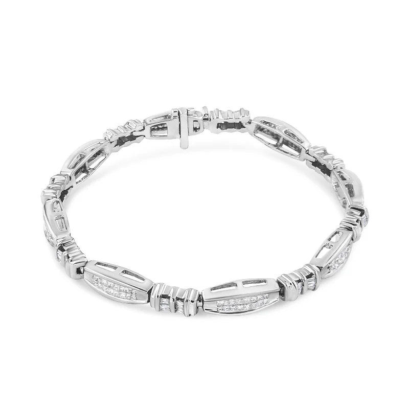 14K White Gold 2.0 Cttw Channel-Set Alternating Baguette and Princess-Cut Diamond Link Bracelet