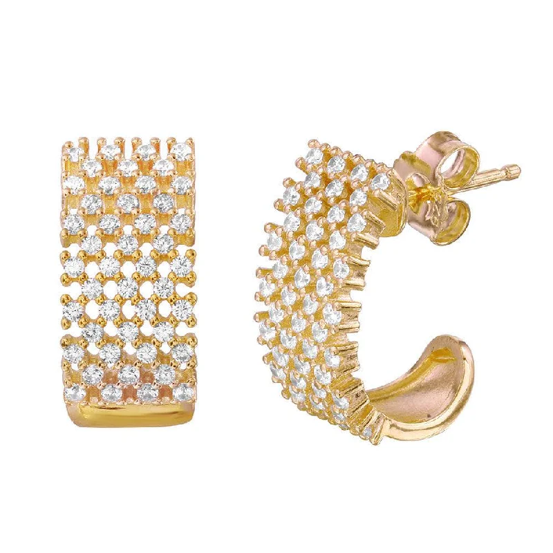 sparkling drop earrings for women -Silver 925 Gold Plated Thick Checkered CZ Semi-huggie hoop Earrings - ACE00083GP