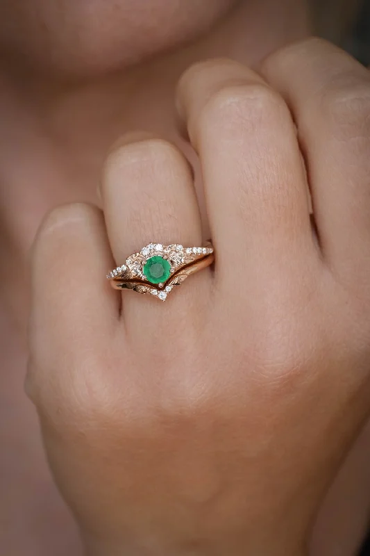 women’s unique gemstone engagement rings -Natural emerald engagement ring set, nature inspired gold rings / Amelia