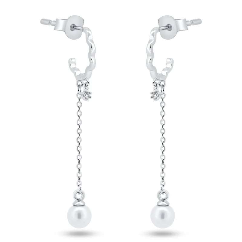 sparkling hoop earrings for women -Sterling Silver Rhodium Plated Dangling Pearl Semi Hoop CZ Earrings - GME00149