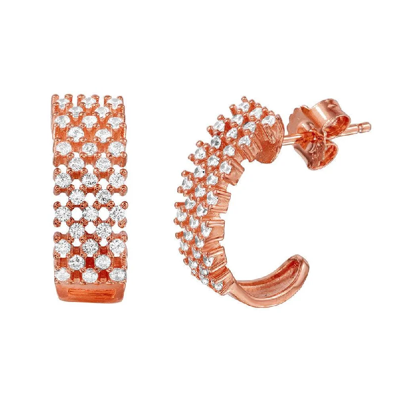 elegant dangle earrings for women -Silver 925 Rose Gold Plated Checkered CZ Semi-huggie hoop Earrings - ACE00082RGP