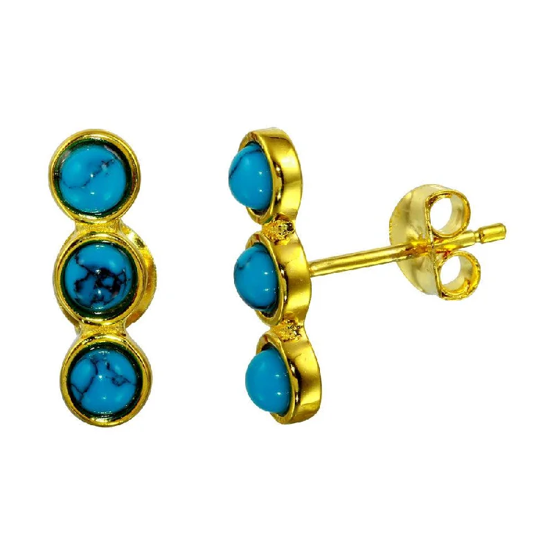 bold earrings for women -Gold Plated 925 Sterling Silver 3 Round Turquoise Earrings - BGE00565