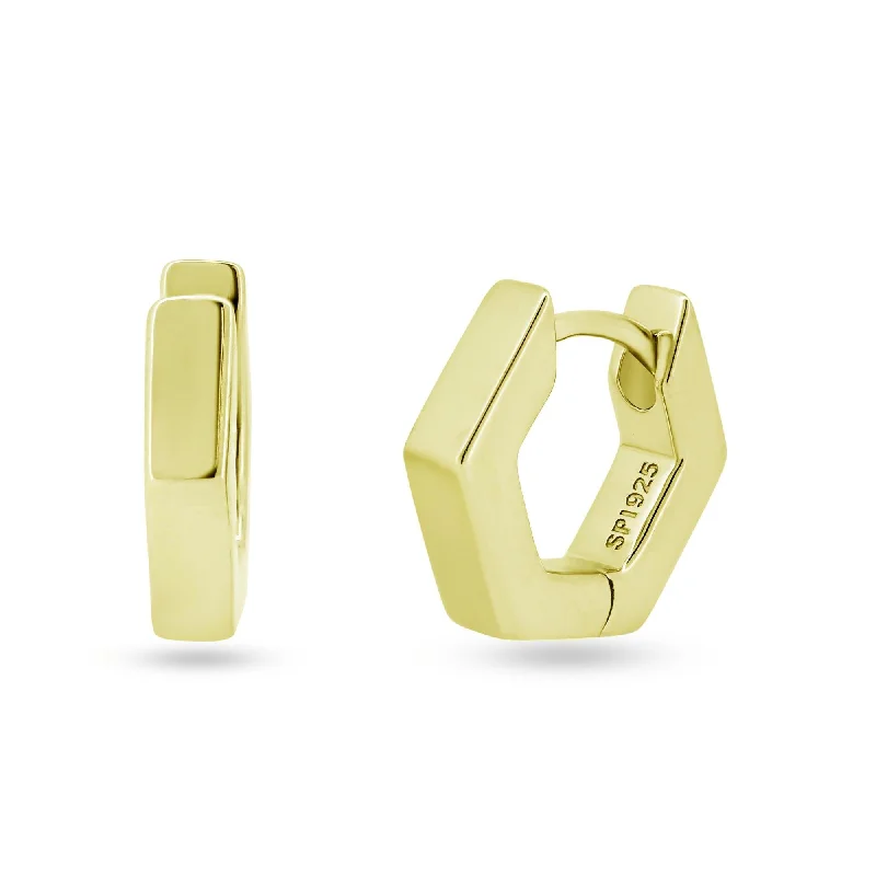 bridal earrings for women -Sterling Silver Gold Plated Hexagon Huggie Hoop Earring 11.7mm - STE01358GP